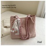 Imported double-shaded tote bag in pink with braided handles and decorative scarf