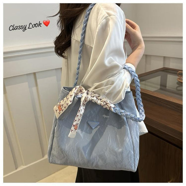 Stylish imported double-shaded tote bag with braided handle and decorative scarf detail