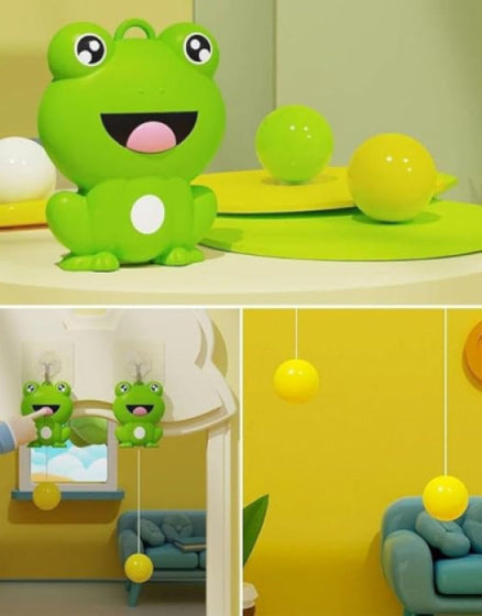 Dropdash indoor table tennis trainer featuring a playful frog design with hanging balls for practice