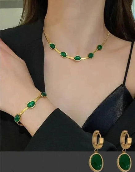 Dropdash Elegant Green Stone Jewelry Set with Necklace and Bracelet for Valentine's Week
