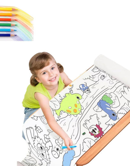 Dropdash kids drawing paper roll featuring fun coloring images and vibrant colored pencils