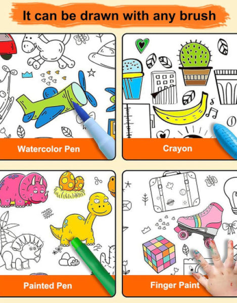Kids drawing paper roll featuring outlines for various colorful drawing tools and activities