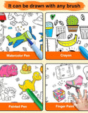 Kids drawing paper roll featuring outlines for various colorful drawing tools and activities