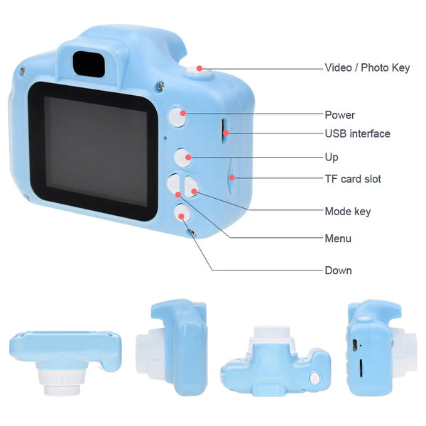 Blue kids mini HD camera with buttons for video, photo, and menu functions