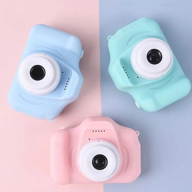 Colorful kids mini HD camera in blue, green, and pink for young photographers