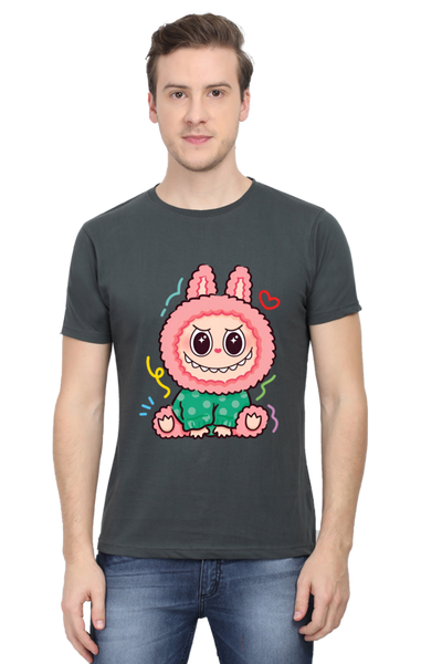 Man wearing a Labubu cartoon t-shirt featuring a playful character in a hoodie
