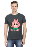 Man wearing a Labubu cartoon t-shirt featuring a playful character in a hoodie
