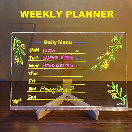 Large LED message board 30x20 cm with a colorful weekly planner design for daily menu display