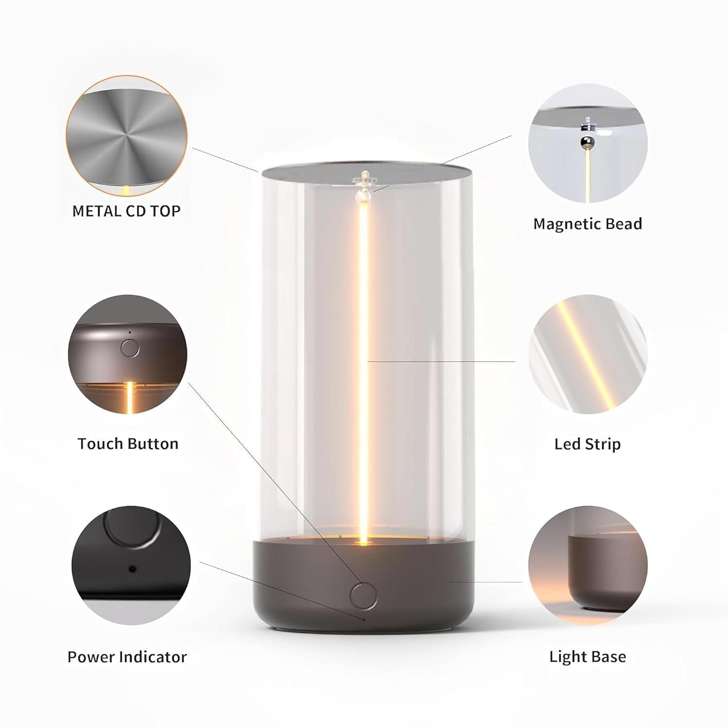 Modern magnetic lamp light with touch button and LED strip, featuring a clear design and power indicator