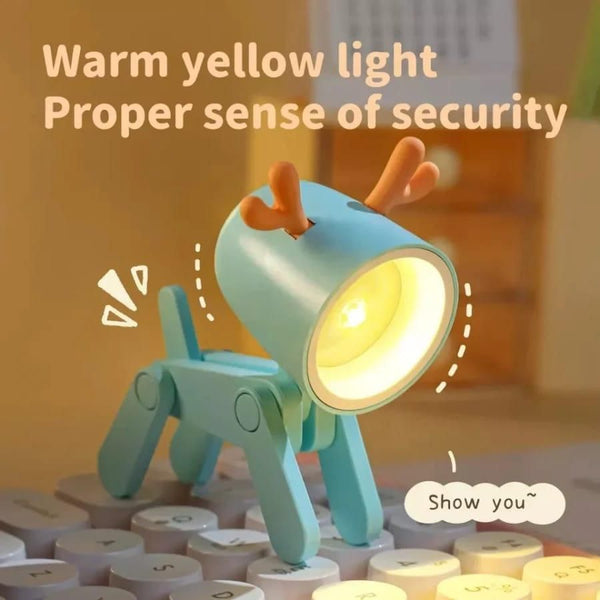 Cute mini LED desk lamp in blue with warm yellow light for added security and charm