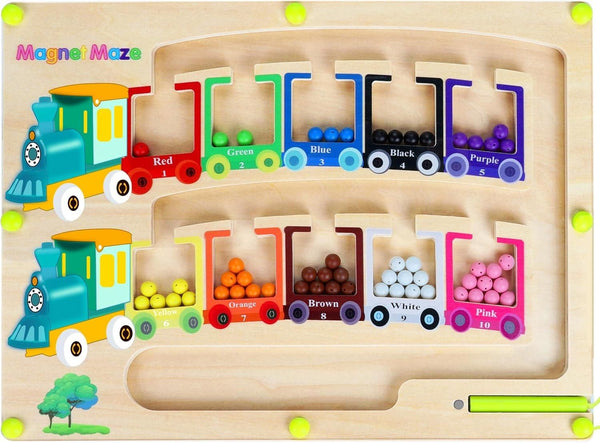 Colorful Montessori puzzle game board with a train and magnetic balls for educational play