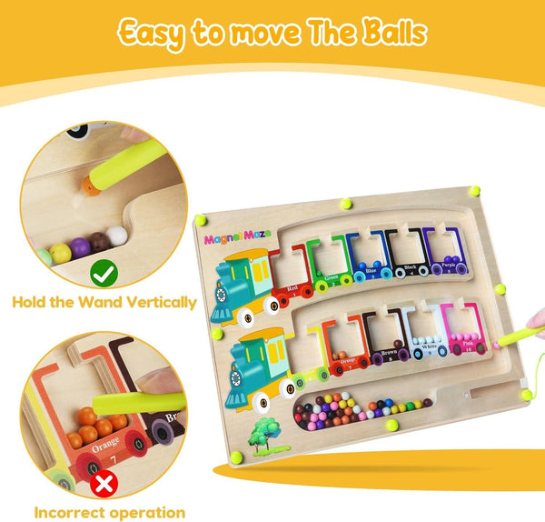 Montessori puzzle game board with colorful balls and a moveable wand for engaging play