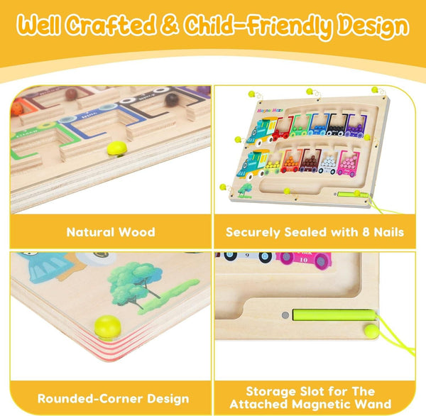 Montessori puzzle game board made of natural wood with rounded corners and storage slot for magnetic wand