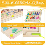Montessori puzzle game board made of natural wood with rounded corners and storage slot for magnetic wand