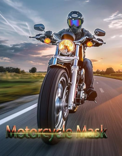 Motorcycle protective goggles on a rider speeding down a scenic highway at sunset