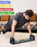 Man using a portable push-up board for chest, back, and shoulder exercises at home