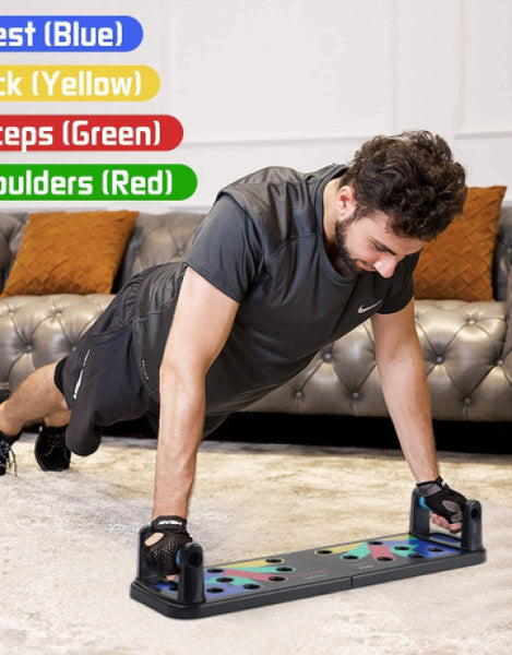 Man using a portable push-up board for varied workouts targeting chest, back, and shoulders