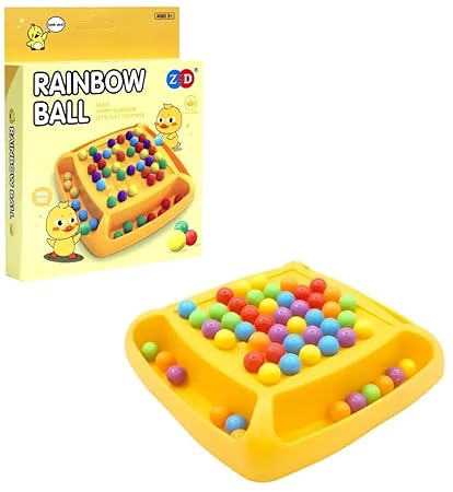 Rainbow board game for kids featuring colorful balls in a vibrant yellow tray for fun learning