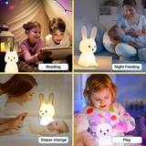 Rechargeable bunny night lamp in various settings for reading, night feeding, diaper change, and play