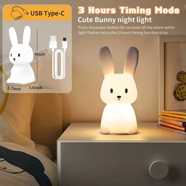 Rechargeable bunny night lamp with a cute design and USB Type-C charging for cozy ambiance