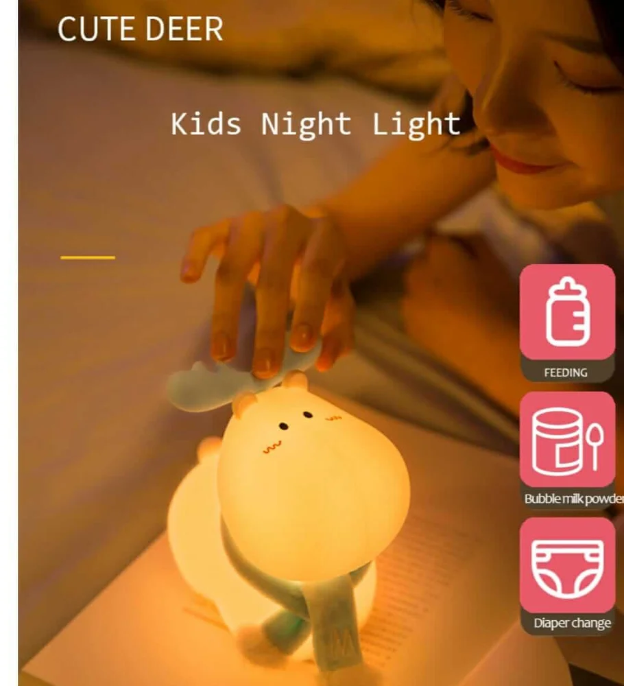 Kawaii reindeer touch lamp for kids with soft glow, perfect for bedtime comfort and nighttime soothing