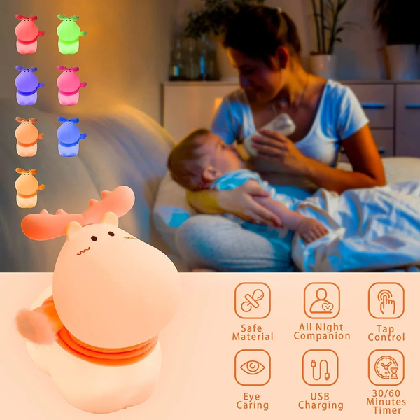 Cute reindeer touch lamp for kids, safe material, adjustable colors, perfect for nighttime comfort