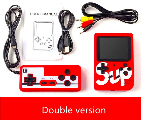Red retro gaming console for kids with user manual and dual controllers for fun gaming experience