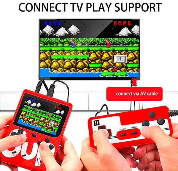 Children playing with a retro gaming console for kids connected to a TV, showcasing classic fun