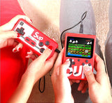 Kids playing with a red retro gaming console for kids featuring classic games and a handheld controller