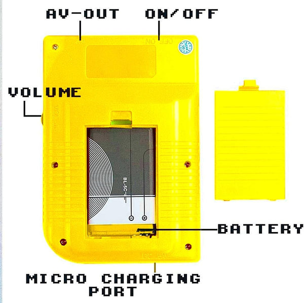 Back view of a yellow retro gaming console for kids showing battery and charging ports
