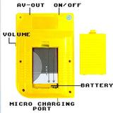 Back view of a yellow retro gaming console for kids showing battery and charging ports