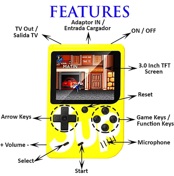 Yellow retro gaming console for kids with 3.0 inch screen and game keys for fun gameplay