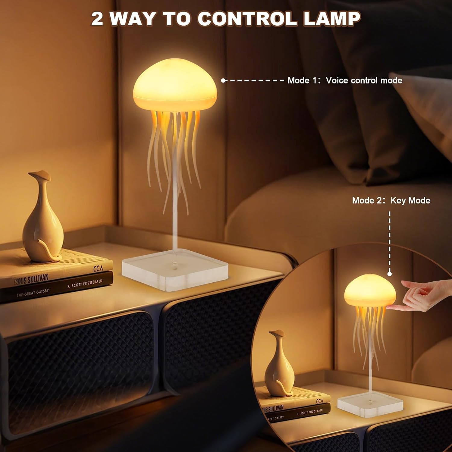 Modern RGB jellyfish lamp with voice control and touch key features on a bedside table