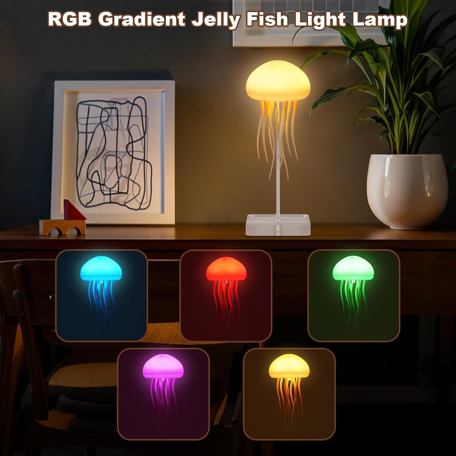 RGB jellyfish lamp with gradient colors, perfect for home decor and creating a calming ambiance.