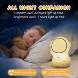 Silicone astronaut night light emitting a soft glow next to a sleeping child for a comforting bedtime atmosphere
