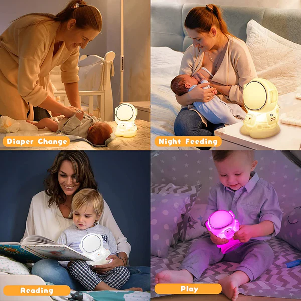 Silicone astronaut night light in use during diaper changes, night feedings, reading, and playtime