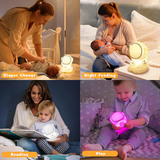 Silicone astronaut night light in use during diaper changes, night feedings, reading, and playtime