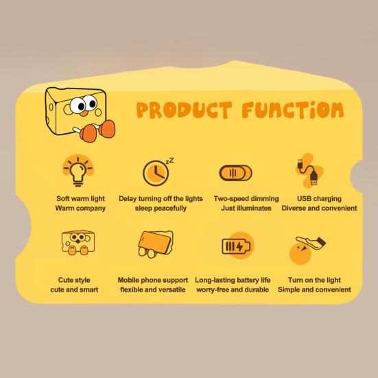 Silicone Cheese Night Light with cute design, USB charging and adjustable brightness features