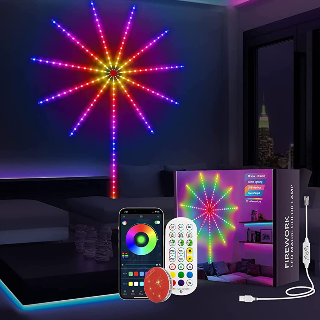Smart firework LED light in a starburst design, remote control included for vibrant color display