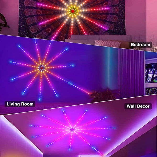 Smart firework LED light displayed in a living room, bedroom, and as wall decor, creating vibrant ambiance