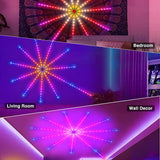 Smart firework LED light displayed in a living room, bedroom, and as wall decor, creating vibrant ambiance