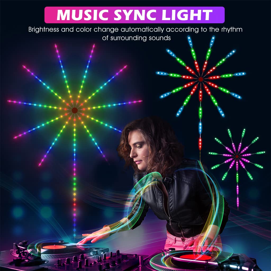 Smart firework LED light with music sync feature changing colors and brightness with sound rhythms
