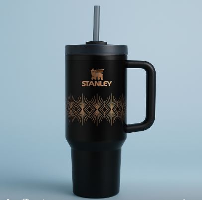 40oz stainless steel tumbler with handle in black featuring gold geometric design and a straw