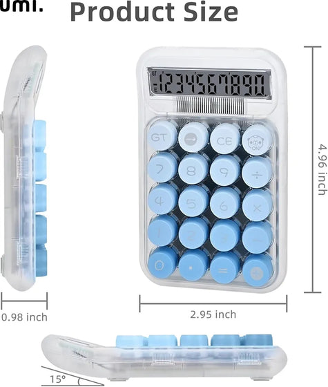 Transparent calculator gadget with blue buttons and clear design, ideal for stylish desk use