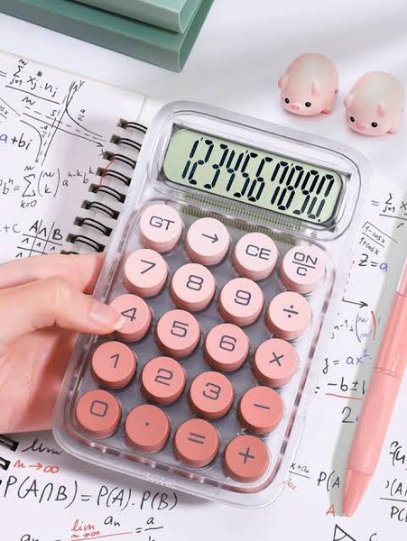 Transparent calculator gadget with large display and pink buttons for easy calculations in study settings
