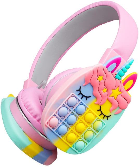 Colorful Unicorn Bluetooth Headphones with Fun Pop It Design for Kids and Teens
