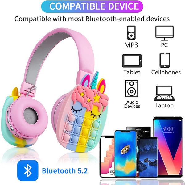 Unicorn Bluetooth Headphones with interactive buttons, compatible with MP3, tablets, and cellphones