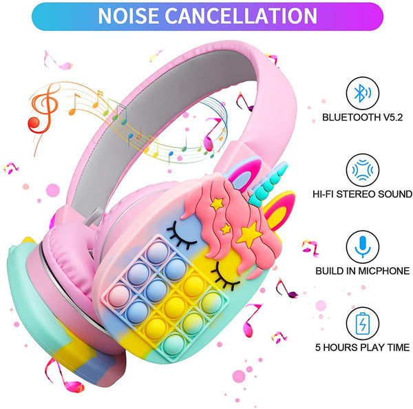 Unicorn Bluetooth Headphones with Noise Cancellation and Hi-Fi Stereo Sound for Kids