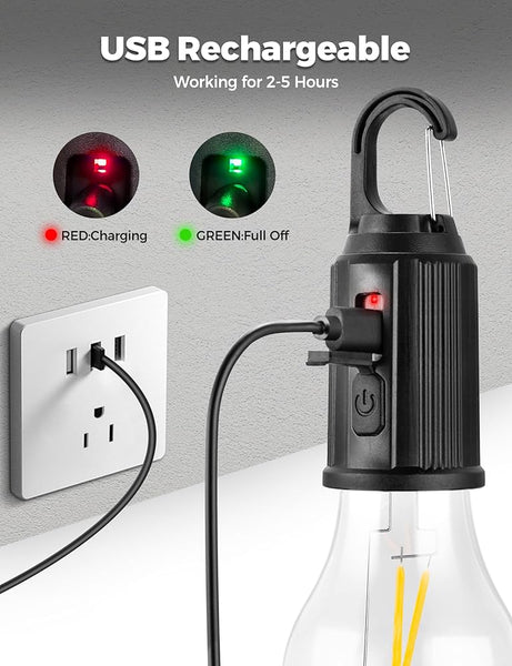 USB emergency bulb light with recharge indicator and hook for easy hanging and portable use