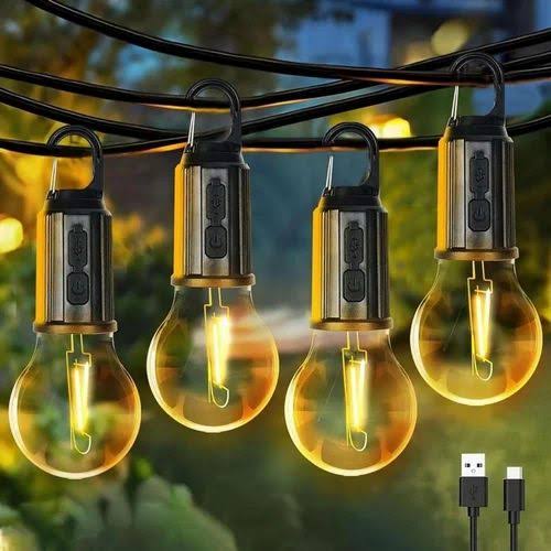 Set of four USB emergency bulb lights designed for outdoor use with vintage-style glass bulbs